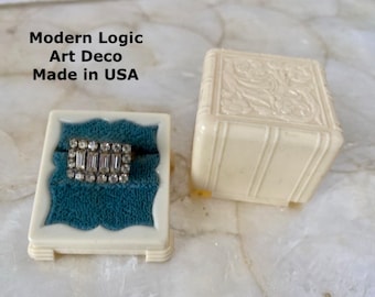Art Deco Presentation Box Jewelry Box Off White with Blue Velvet Lining Ring Box @ Modern Logic