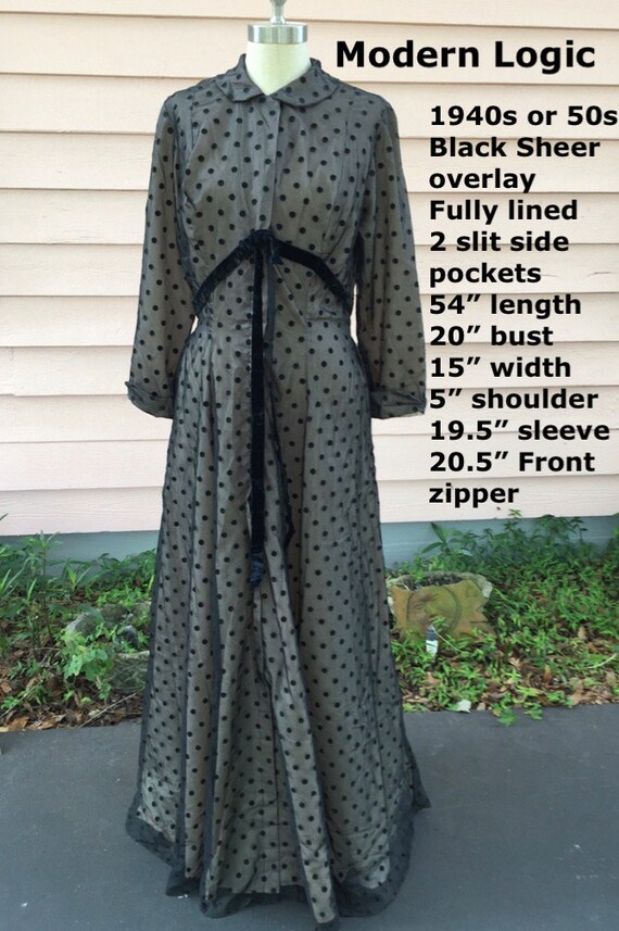 40s 50s Hostess Gown Black Polka Dot Lined Goth, Art Deco, Holiday 