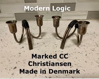 CANDLE HOLDER Pair Marked CC  Danish Modern Made in Denmark Carl Christiansen Sterling Silver Tiny Home Mid Century Modern