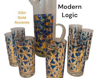 West Virginia Glass Cathedral Pattern Martini Pitcher Blue and Gold + 7 Glasses Vinini-?Abstract Geometric 22kt Accent, Mid Century Barware