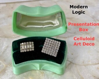 Art Deco Green Celluloid Royal Blue Velvet Bridal Gift Set Wedding Presentation Box Jewelry Box Engagement Proposal Ring Box @ Modern Logic