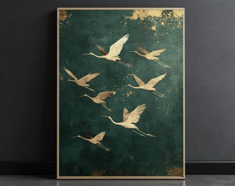 Japanese Crane Green Emerald, Japandi, Maximalist Wall Art, Printable Eclectic Wall Art, Colorful Digital Art, Trendy, Digital Download