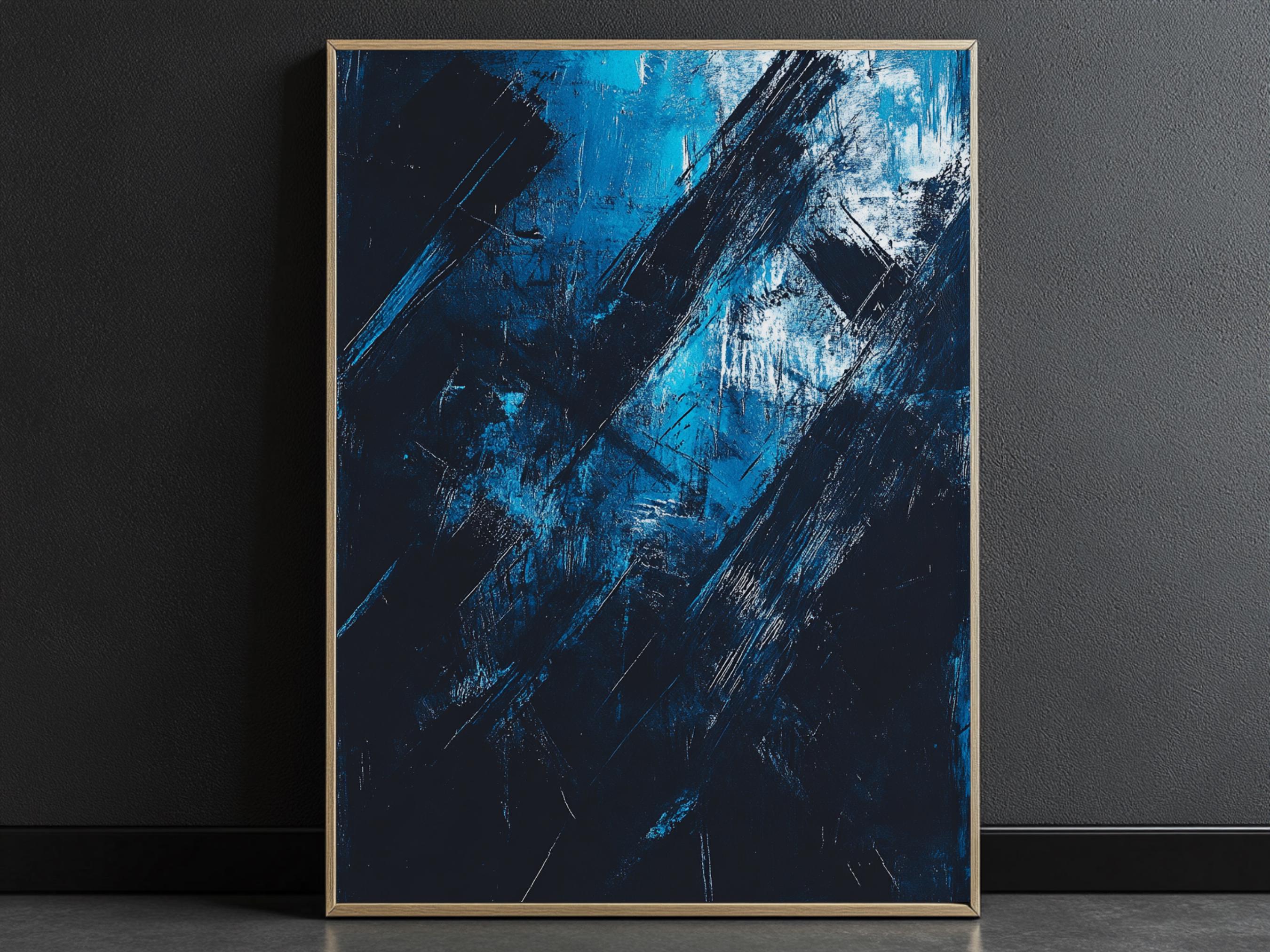 Moody Blue Abstract Wall Art - Digital Download Painting with Deep Brushstrokes, Printable Modern Home Decor