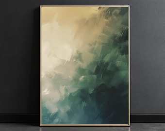 Green and Beige Abstract Wall Art - Printable Modern Brushstroke Painting, Minimalist Digital Download for Home or Office Decor