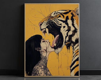 Edgy Urban Colorful Portrait Women with Tattoo Tiger, Psychedelic Print, Vibrant Colors, Poster, Minimalist Maximalist Printable Wall Art
