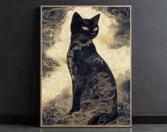 Japanese Style Cat Wall Art, Black Cat Digital Download,  Gold Ink Traditional Printable, Elegant Cat Decor, Witch Fantasy Asian Art Print