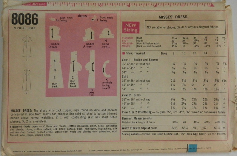 Vintage 1968 Simplicity Pattern 8086 Size 14 Dress