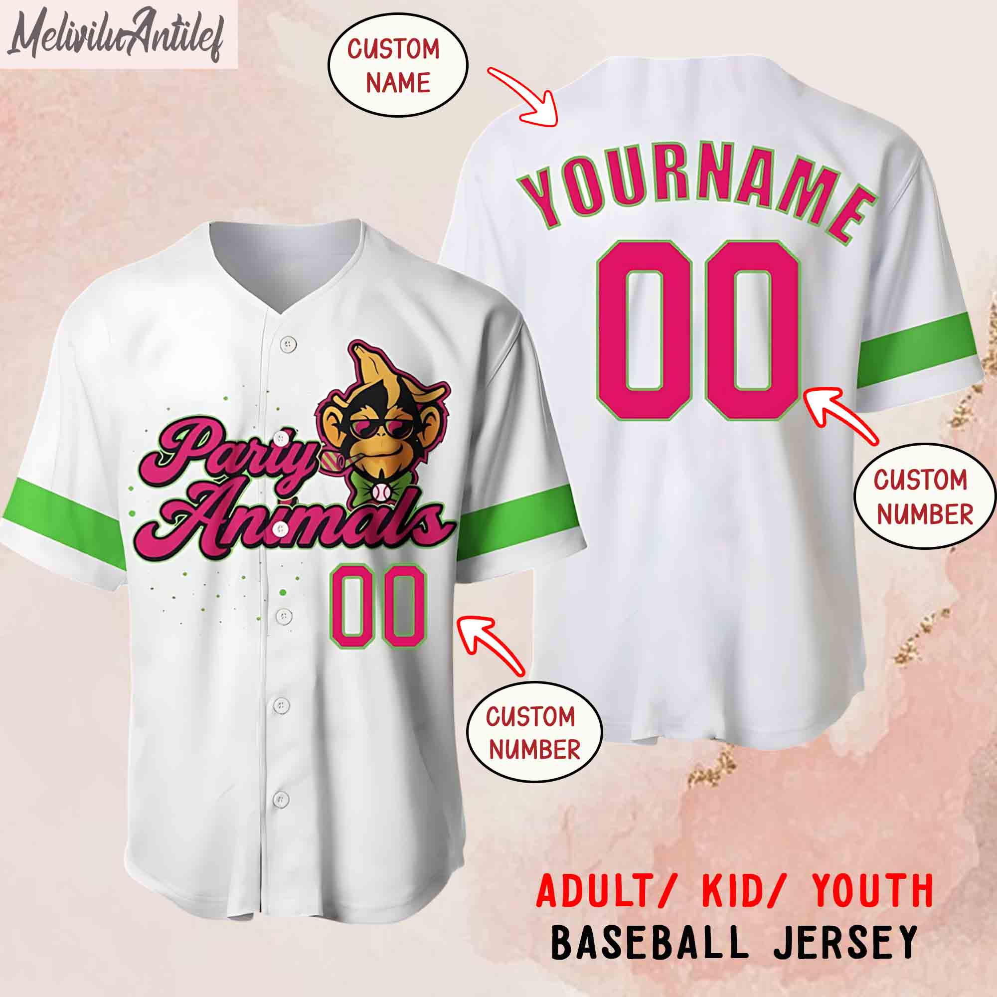Custom Party Animals Baseball Jersey, Funny Monkey Team Shirt, Personalized Name and Number Jersey for Kids, Youth, Adults