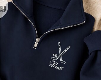 Personalized Name Ice Hockey Quarter Zip Sweatshirt , Embroidered Hockey Sticks Pullover