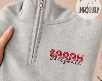 Embroidered Volleyball Quarter Zipper Sweatshirt, Personalized Name Sport Gift