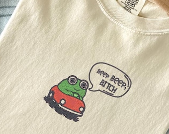 Camiseta bordada con rana: divertida camiseta con meme y diseño de coche kawaii