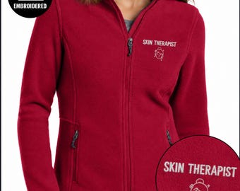 Skin Therapist Embroidered Full Zipper Jacket, Personalized Esthetician Name Fleece Sweatshirt, Skincare Specialist Gift