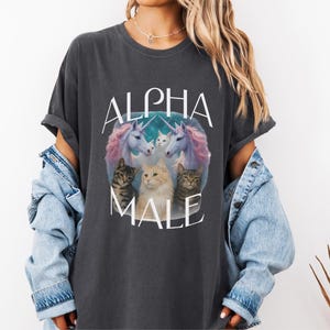 Alpha Male Unicorn Cat Shirt, Retro 90s Funny Meme Tee, Rainbow Ironic Cat T-Shirt, Weird Unisex Graphic, Offensive Humor Gift