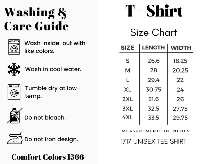 Puede incluir: Un gr&aacute;fico blanco con instrucciones de lavado y una tabla de tallas para una camiseta unisex. La gu&iacute;a de lavado incluye instrucciones para lavar del rev&eacute;s con colores similares, lavar en agua fr&iacute;a, secar en secadora a baja temperatura, no usar lej&iacute;a y no planchar el dise&ntilde;o.
