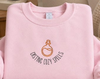 Embroidered Casting Cozy Spells Sweatshirt, Halloween Potion Bottle Crewneck