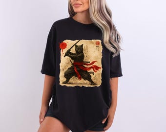 Camiseta vintage de gato samurái: estilo anime japonés