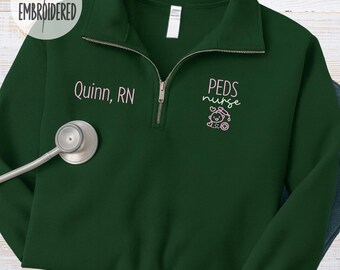 Sudadera con cremallera de cuarto bordada para enfermera pediátrica, jersey personalizado con nombre de enfermera registrada.