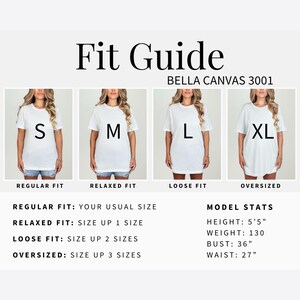 May include: Fit guide for Bella Canvas 3001 t-shirts, showing four models wearing different sizes: S, M, L, and XL. The guide explains the fit: regular, relaxed, loose, and oversized. Model stats: height 5'5", weight 130 lbs, bust 36", waist 27".