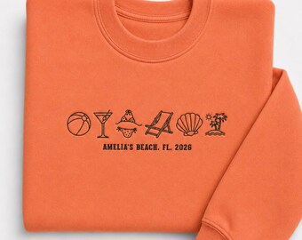Embroidered Beach Custom Year Sweatshirt, Summer Vacation Icons Crewneck, Personalized Beach Pullover