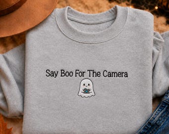 Embroidered Say Boo for The Camera Sweatshirt, Halloween Ghost Cameraman Crewneck