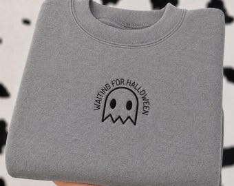 Embroidered Waiting For Halloween Sweatshirt, Mini Ghost Crewneck, Spooky Fall Season Pullover