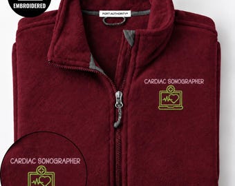 Embroidered Cardiac Sonographer Full Zip Jacket, Heart Ultrasound Fleece Sweatshirt, Echocardiography Graduation Gift