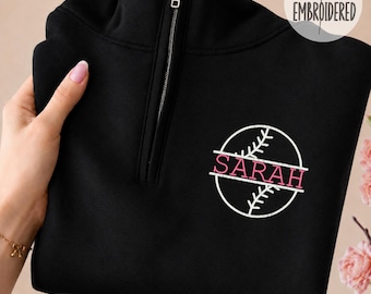 Embroidered Baseball Custom Name Quarter Zipper Sweatshirt, Gift For Baseball Coach