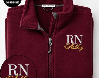 Embroidered Registered Nurse Fleece Wear, Personalized Nursing Full Zipper Jacket, Custom Name Sweatshirt