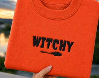 Embroidered Witchy Sweatshirt, Halloween Broom Crewneck, Spooky Haunted Pullover