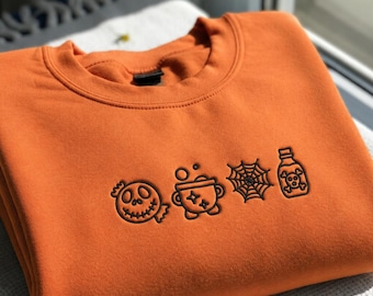 Embroidered Halloween Sweatshirt, Cauldron Skull Crewneck