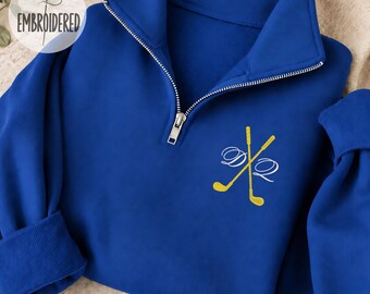 Embroidered Hockey Quarter Zip Sweatshirt, Name Initials Personalized Sports Gift