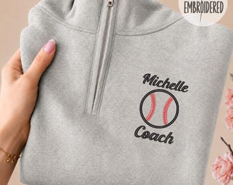 Baseball Coach Embroidered Quarter Zip Sweatshirt, Personalized Name Coach Gift