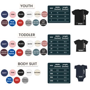 May include: Image showing size charts for youth, toddler, and baby bodysuits. The charts display measurements in inches for width and length, along with color options for each garment. Includes a black t-shirt and a navy blue bodysuit.
