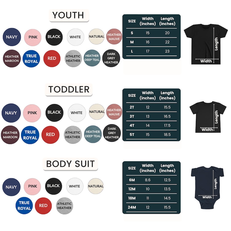 May include: Image showing size charts for youth, toddler, and baby bodysuits. The charts display measurements in inches for width and length, along with color options for each garment. Includes a black t-shirt and a navy blue bodysuit.