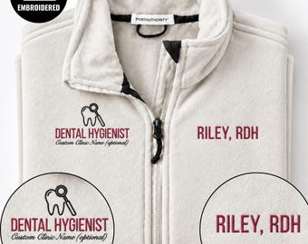 Embroidered Dental Hygienist Full Zipper Jacket, Personalized RDH Name Sweater, Custom Clinic Name Fleece Sweatshirt