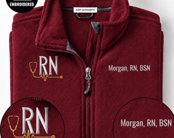 Embroidered Registered Nurse Full Zipper Jacket, Personalized RN Name Fleece Sweatshirt, Custom Hospital Staff Gift