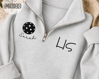 Custom Name Embroidered Pickleball Quarter Zipper Sweatshirt, Coach Monogram Pullover