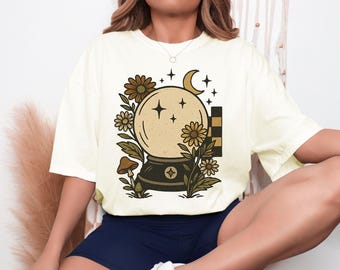 Mystical Crystal Ball T-Shirt: Witchy Celestial Star Floral Tee