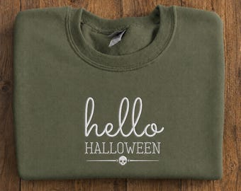 Embroidered Hello Halloween Sweatshirt, Welcoming Spooky Season Pullover, Halloween Crewneck