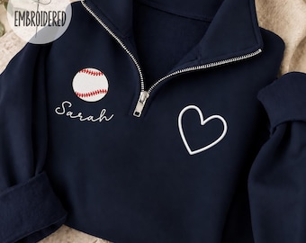 Custom Name Embroidered Baseball Quarter Zipper Sweatshirt, Coach Monogram Pullover