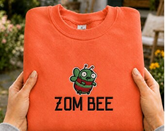 Embroidered Zom Bee Sweatshirt, Halloween Haunted Bee Pullover, Zombie Fly Crewneck
