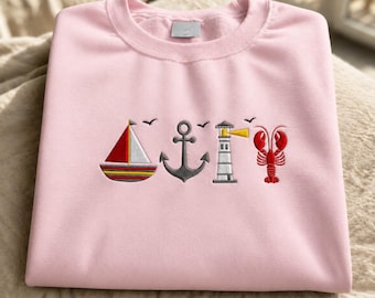 Embroidered Nautical Icons Sweatshirt, Sailboat Anchor Lighthouse Lobster Crewneck, Coastal Summer Pullover