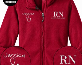Embroidered Registered Nurse Full Zipper Jacket, Personalized RN Nurse Sweatshirt, Custom Name Healthcare Worker Appreciation Gift