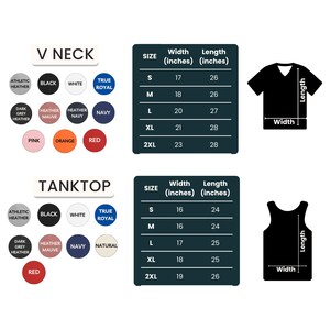 May include: A graphic showing a black V-neck t-shirt and a black tank top with size charts. The V-neck chart lists sizes S-2XL with width and length measurements in inches. The tank top chart also lists sizes S-2XL with width and length measurements in inches.