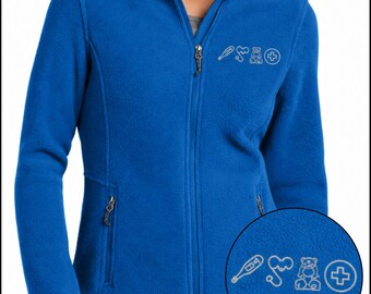 Embroidered Nursing Icons Full Zipper Fleece, Medical Tools Fleece Sweatshirt, Healthcare Worker Gift