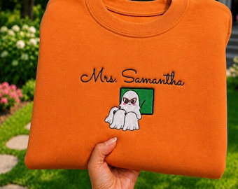 Embroidered Mrs. Samantha Sweatshirt, Halloween Ghost Teacher Crewneck, Cute Spooky Pullover