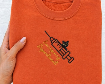 Embroidered Emergency Department Sweatshirt, Halloween Spooky Cat Crewneck, Gift for Nurse