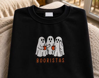 Embroidered Booristas Sweatshirt, Halloween Ghost Coffee Crewneck, Ghost Gang Pullover