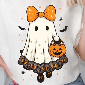 Lace-Bow Ghost PNG Bundle | 5 Girly Coquette Halloween Shirt Designs | Spooky-Season Sublimation Clipart | Ghost Halloween Digital Download