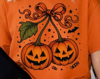 Pumpkin Cherries PNG Bundle, 7 Coquette Fall Pumpkin Designs, Autumn Cherry Bow Sublimation Clipart for Halloween Shirts & Crafts